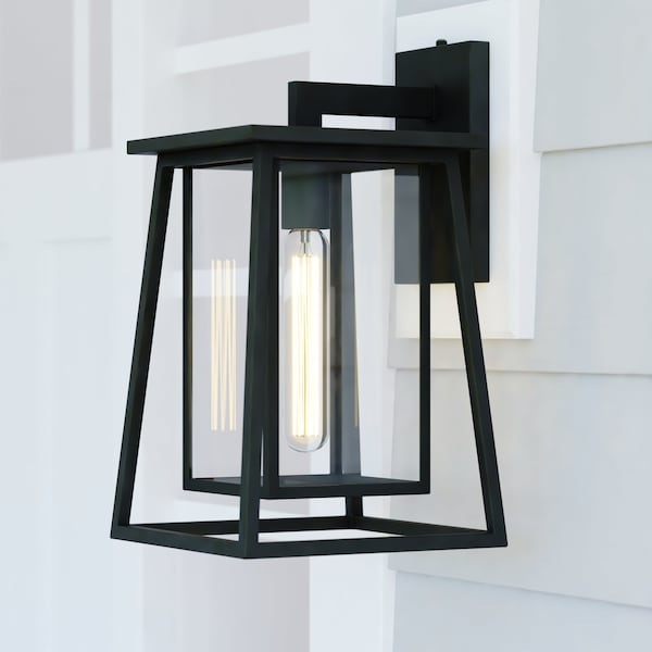 Vaxcel Blackwell 8-in. W Cage Frame 1 Light Dusk to Dawn Black Outdoor Wall Lantern Clear Glass T0608 - main